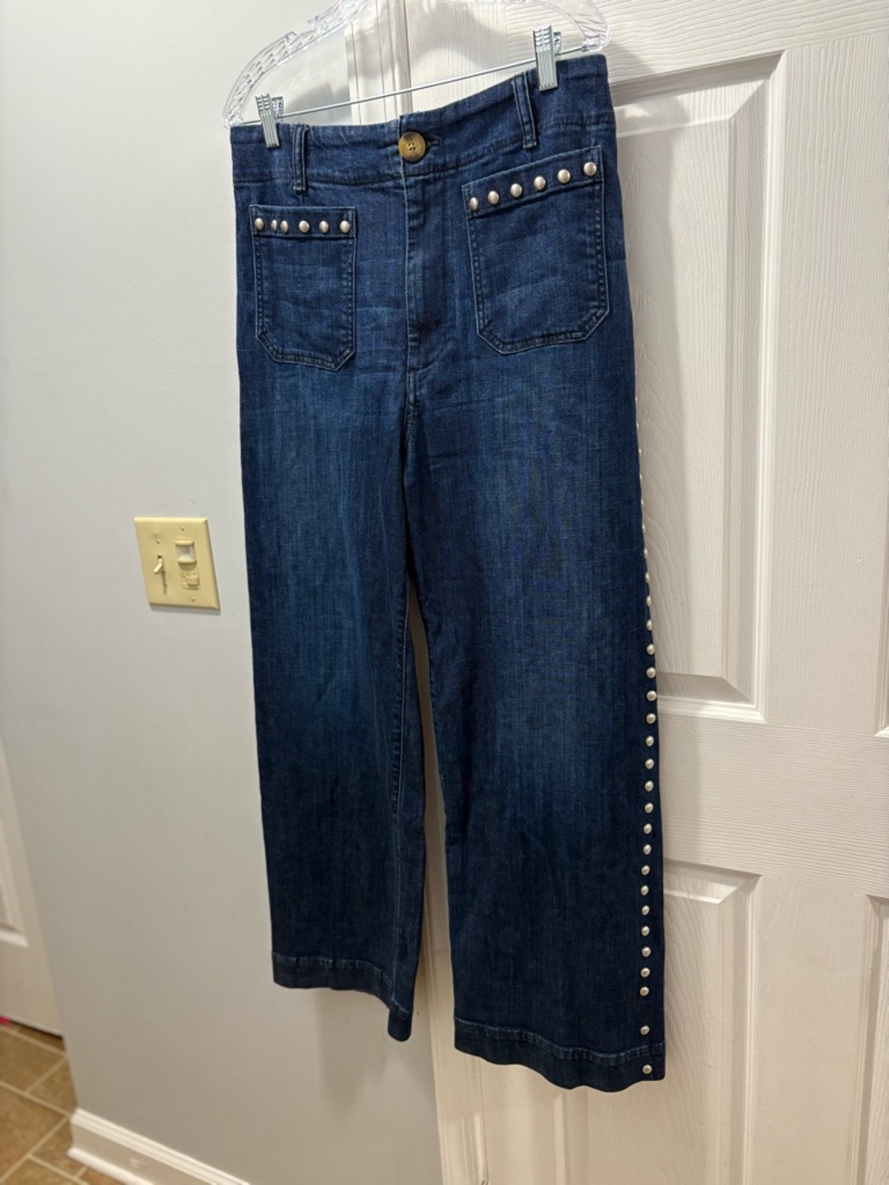 Maeve The Colette Wide-Leg Jeans with Silver Stud Trim- FLAWED